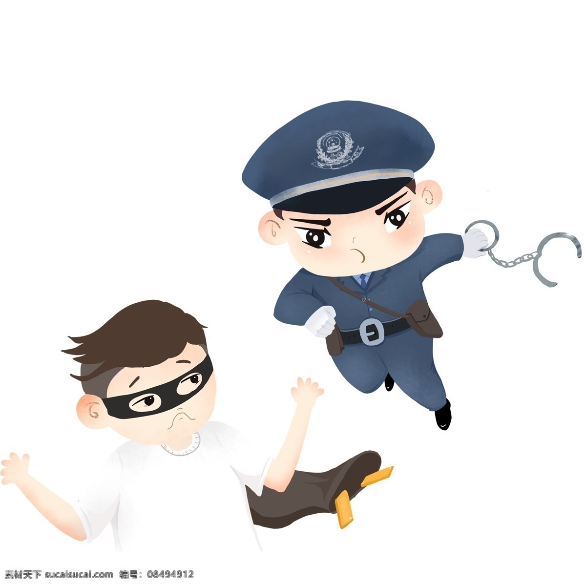 卡通 手绘 抓 小偷 警察 清新 人物 插画设计 抓小偷场景
