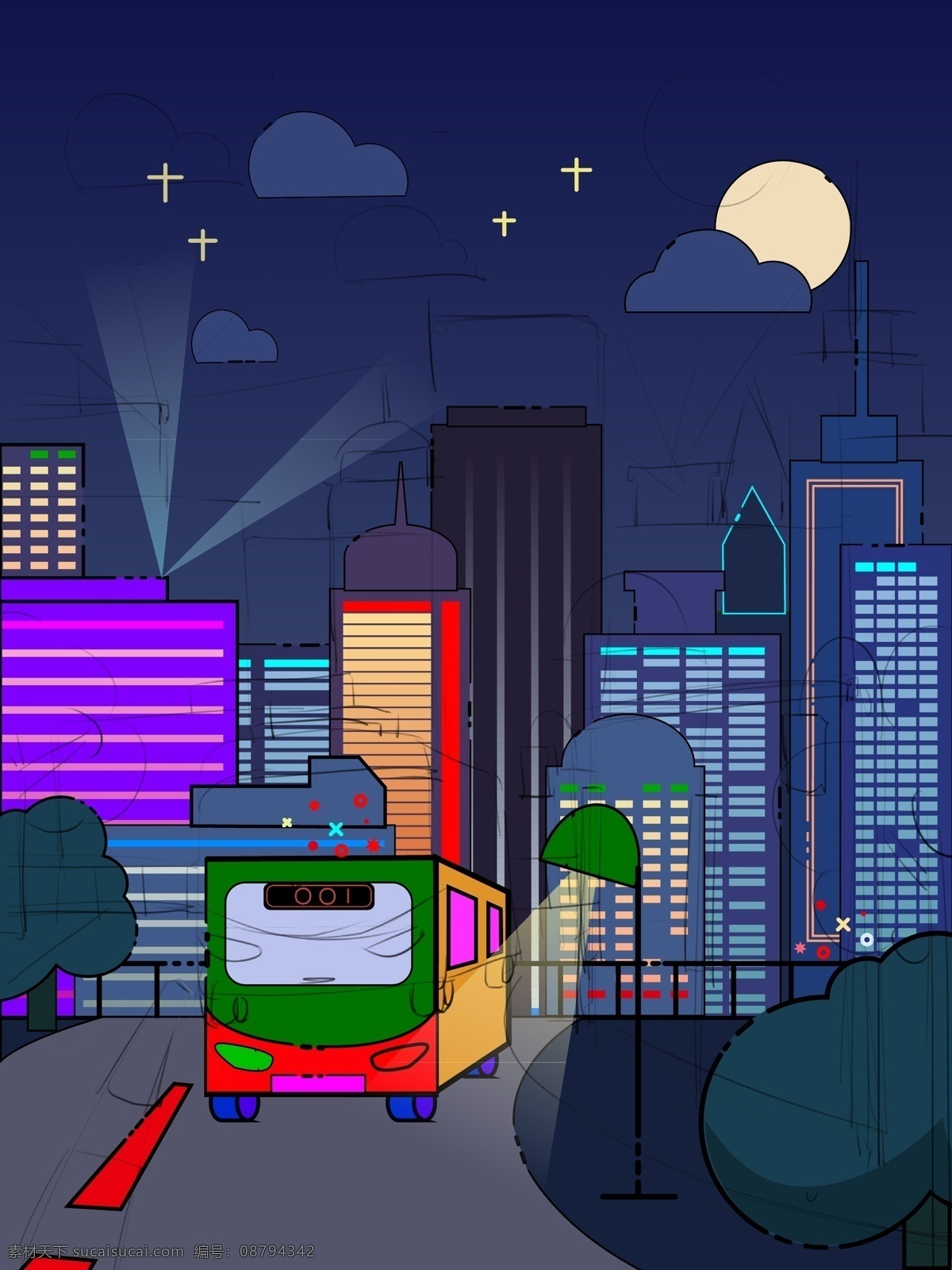 城市 夜景 mbe 插画 扁平 霓虹灯