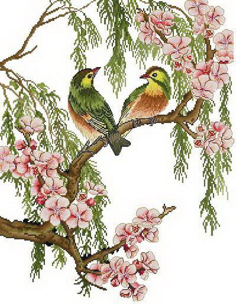 十字绣 相思鸟 图纸 可爱 桃花 装饰素材