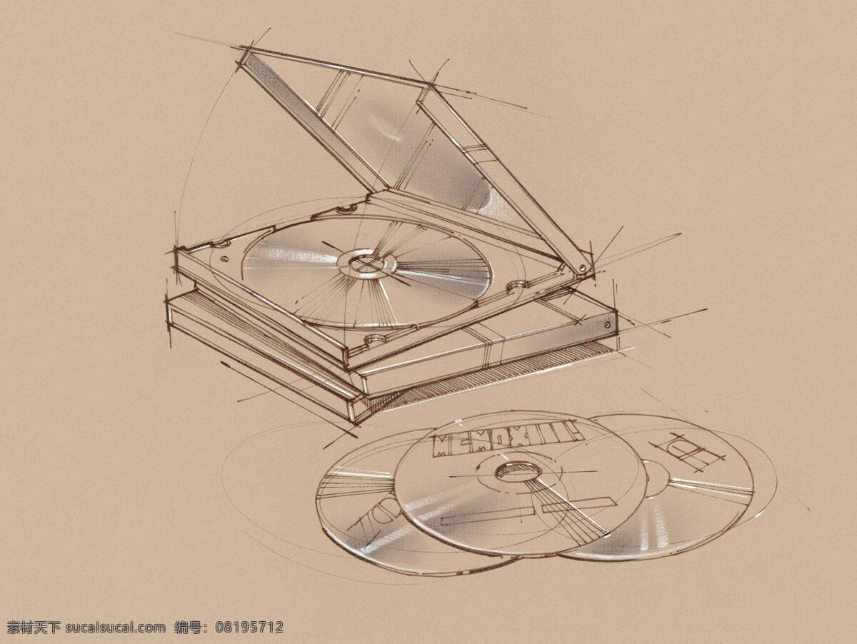 手绘 cd 光碟 羊皮纸 办公用品 纯色 线条设计 插画集