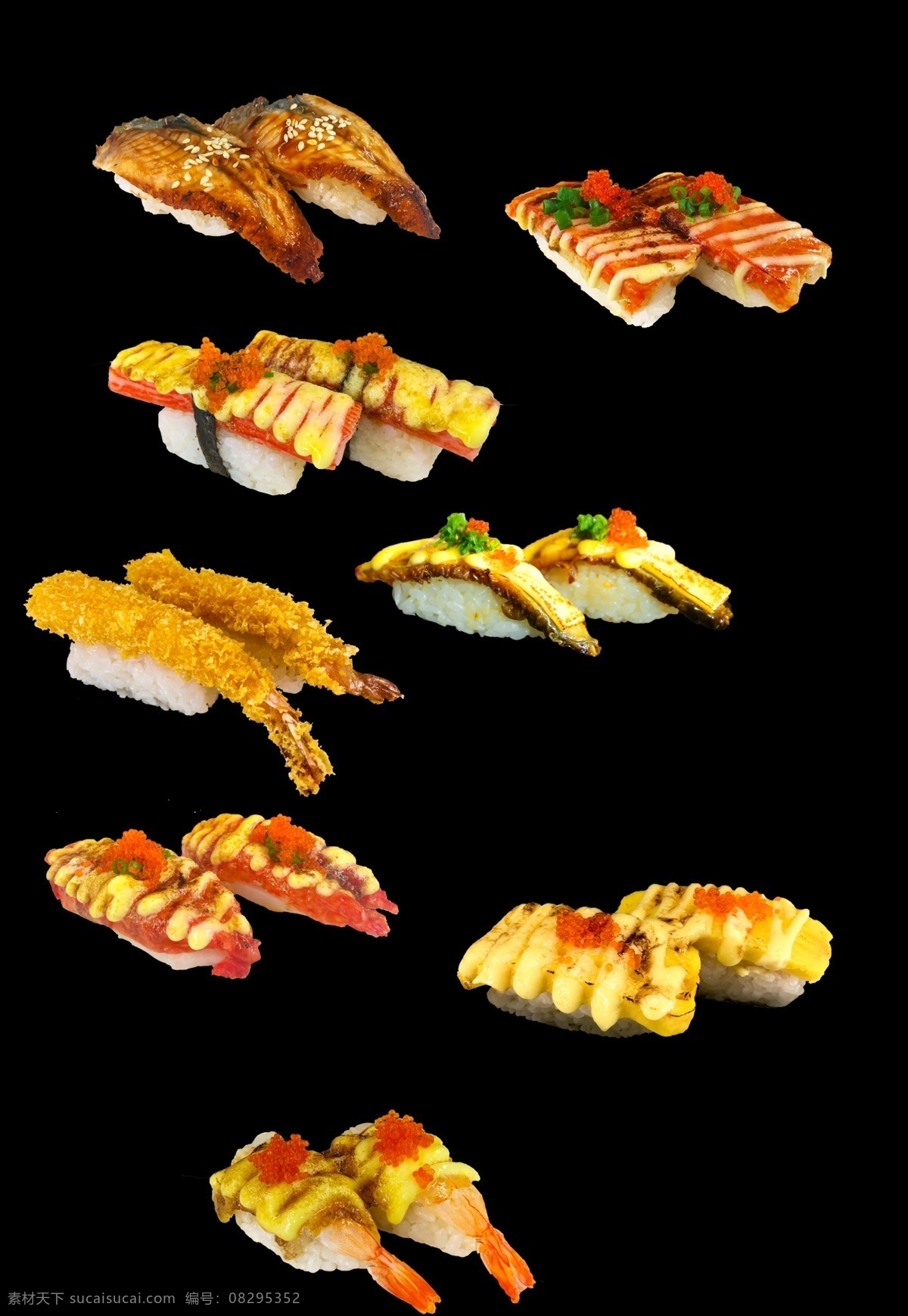 手握寿司类 玉子寿司 蟹柳寿司 鲜虾寿司 鳗鱼寿司 炸虾寿司 蟹肉寿司 蟹肉棒寿司 寿司 日式料理 分层