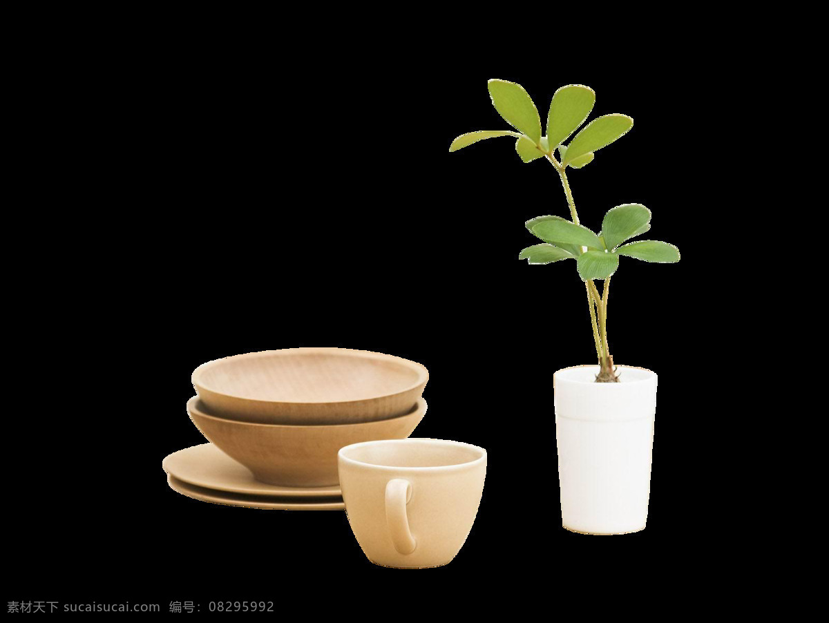 白色 盆景 木色 茶杯 碗 具 元素 家具 休闲 碗具 png元素 免抠元素 透明元素