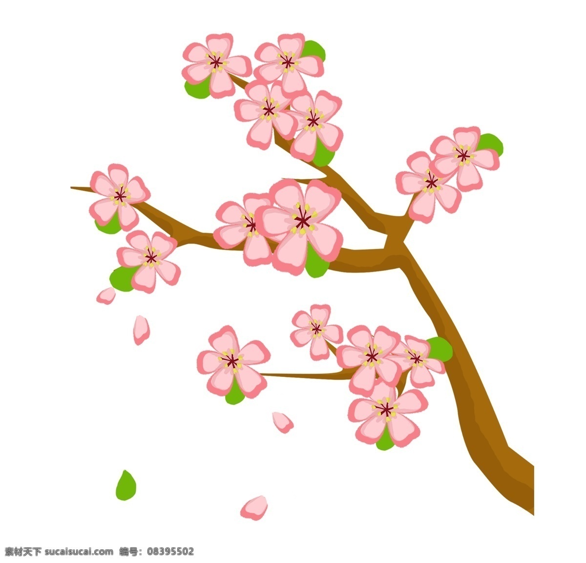 飘落 桃花 手绘 插画 漂亮的桃花 飘落的桃花 粉色的桃花 绿色的叶子 春季桃花 桃花装饰 立春桃花