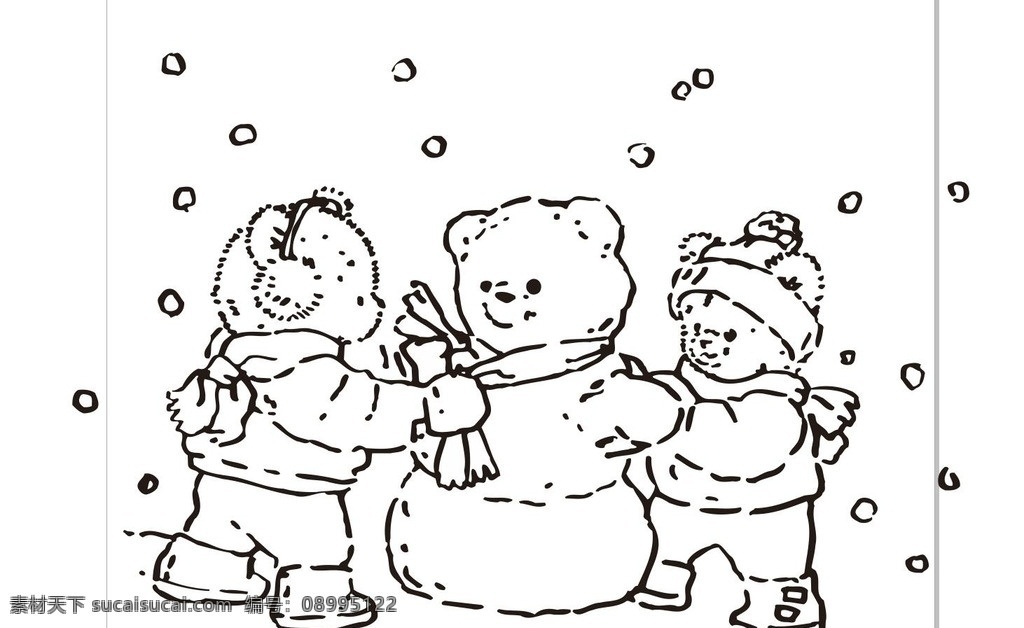 可爱熊 熊 小熊 可爱 堆雪人 圣诞节素材 圣诞之夜 圣诞节 艺术插画 插画 装饰画 简笔画 线条 线描 简画 黑白画 卡通 手绘 简单手绘画 矢量图 生活百科矢量 卡通设计
