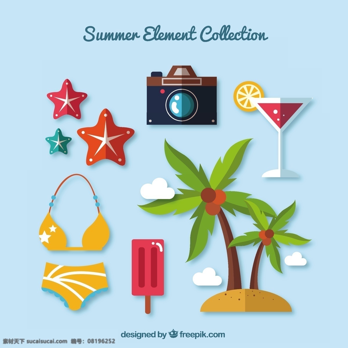 夏季 元素 多种 搭配 树 相机 海 海滩 冰淇淋 色彩 度假 公寓 冰 棕榈树 鸡尾酒 平面设计 棕榈 装饰 奶油 夏季海滩
