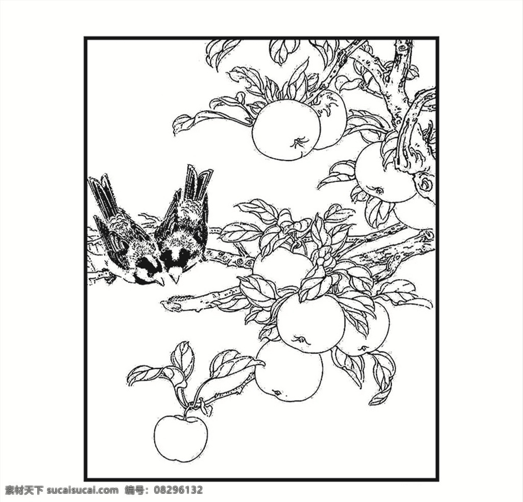 鸟与树 鸟儿 动物 树木 植物 叶子 果子 线条 矢量 装饰 插画 白描 生物世界 鸟类