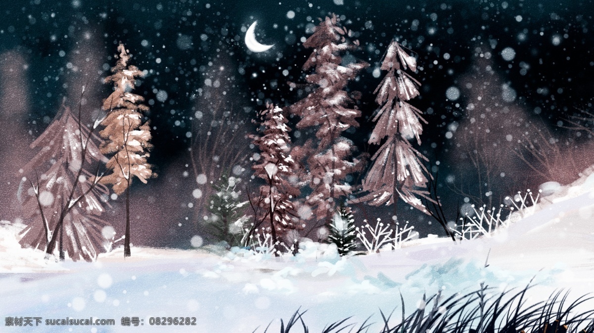 简约 雪花 夜景 树林 立冬 背景 背景素材 雪地 二十四节气 节气 广告 立冬背景 广告背景素材