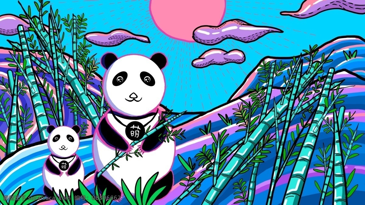 涂鸦 modern 熊猫 竹子 可爱 动物 壁纸 风格 卖萌 日出 蓝色系