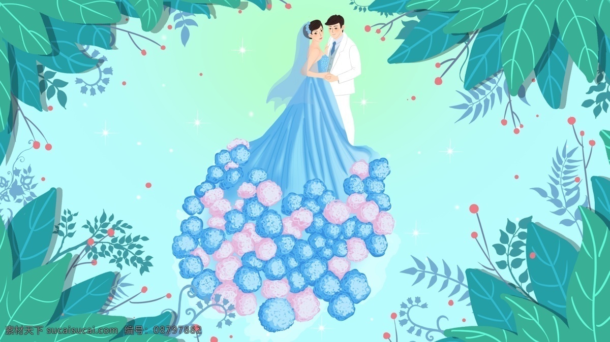 唯美 天蓝色 婚纱 插画 蓝色 婚礼 包装 植物 夫妻 配图 壁纸