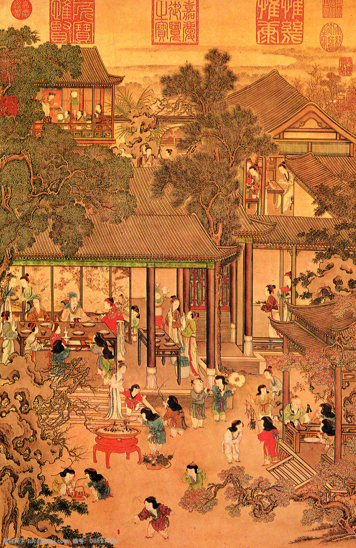 古代人物图 古代宫廷人物 古代人物 古代 风景 人物 图 聚餐 古代宴会图 宴请图 儿童 嬉戏 游玩 宫廷建筑 亭台楼阁 古代风情人物 绘画艺术品 画作 艺术品 艺术作品 国画 古代仕女图 传统文化 文化艺术