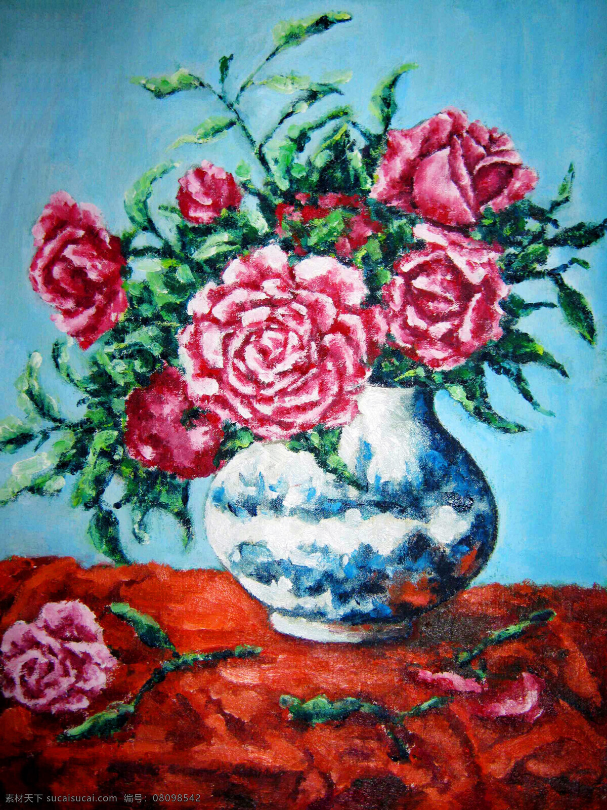 花朵 花瓶 绘画书法 玫瑰花 美术 文化艺术 现代油画 静物玫瑰花 油画 静物画 红台布 油画艺术 油画作品15 家居装饰素材