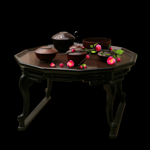古雅 深色 木制 茶桌 产品 实物 产品实物 粉色花朵 古雅风格 褐色茶具 木制茶桌