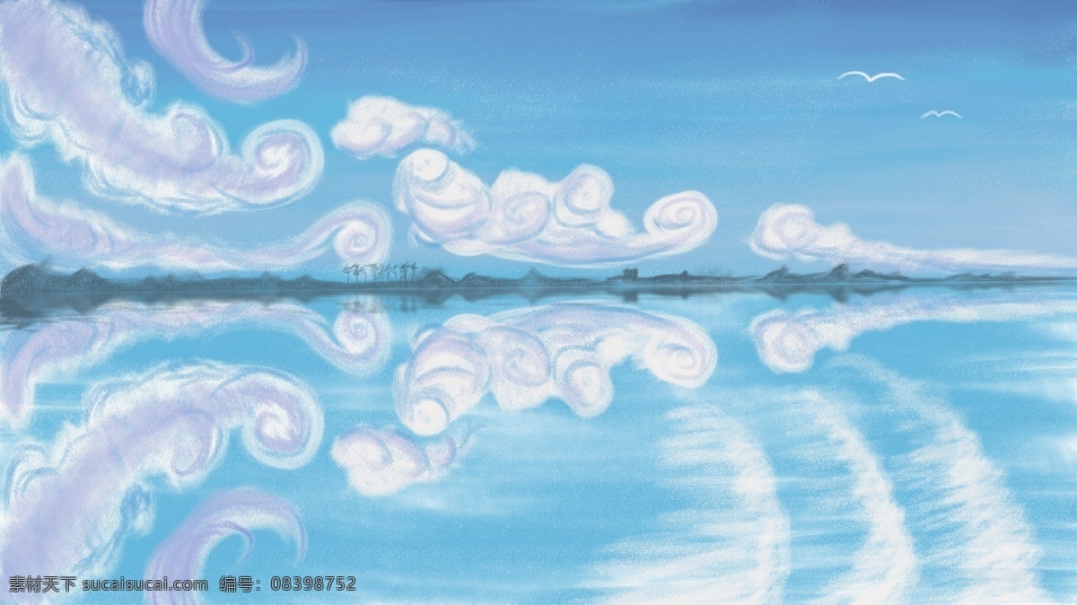 唯美 湖水 天空 插画 banner 背景 手绘 插画背景
