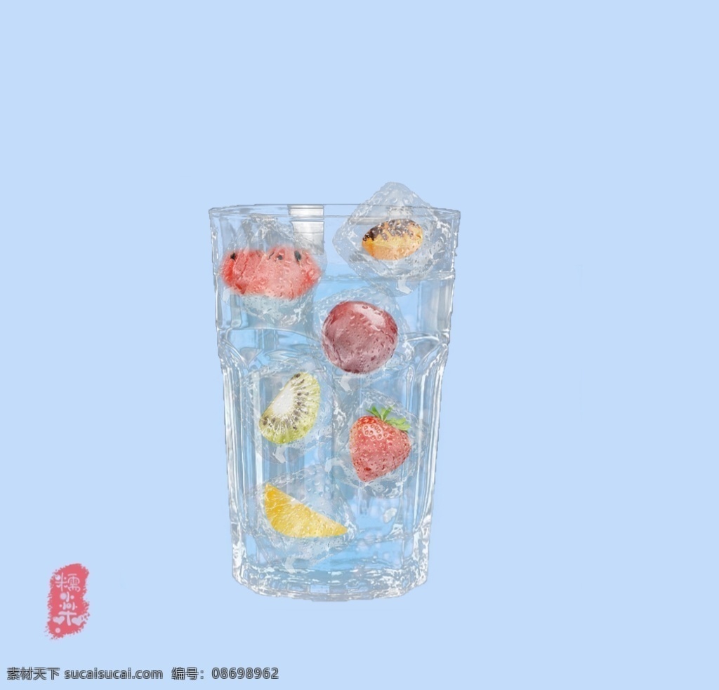气泡水图片 水 气泡 冰 蓝色 水果 草莓 柠檬 西瓜 樱桃 木瓜 猕猴桃 玻璃杯 空杯子 背景 冰块