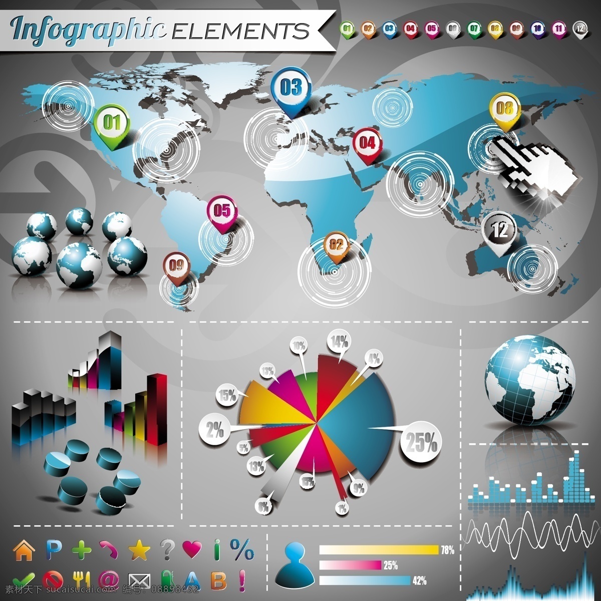 数据 图 矢量 百分比 标记 饼图 材料 地球 矢量素材 世界地图 数据图 图形 直方图 信息图 峰似的人物 矢量图 其他矢量图