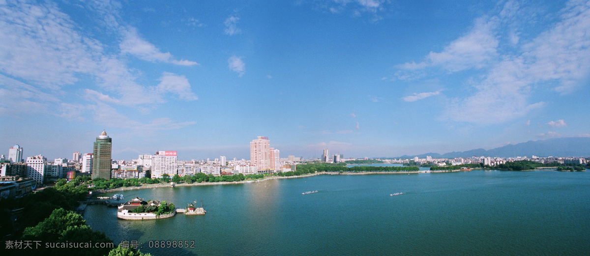 九江全景 江西 九江 水面 倒影 建筑 蓝天 白云 山水风景 自然景观