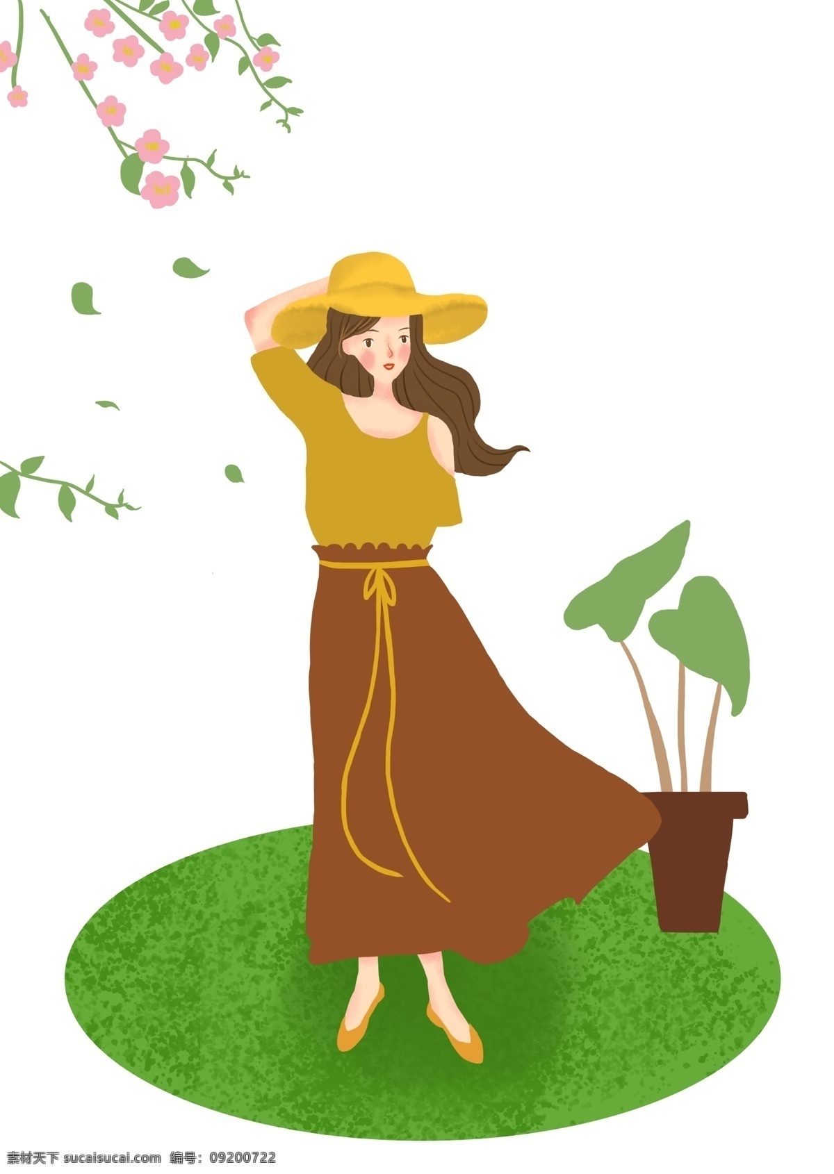 春游 踏青 女孩 插画 漂亮的女孩 绿色的植物 卡通插画 春游踏青 郊游插画 外出活动 春游游玩