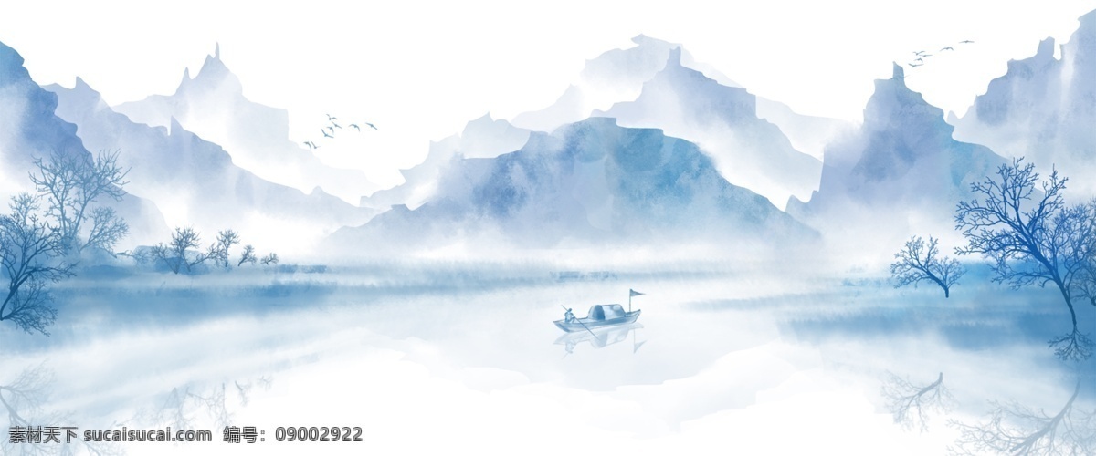 中国风水墨画 插画 船只 风景 山河 山水 山水画 手绘 水墨 水墨风景 水墨画 中国风 中国风山水