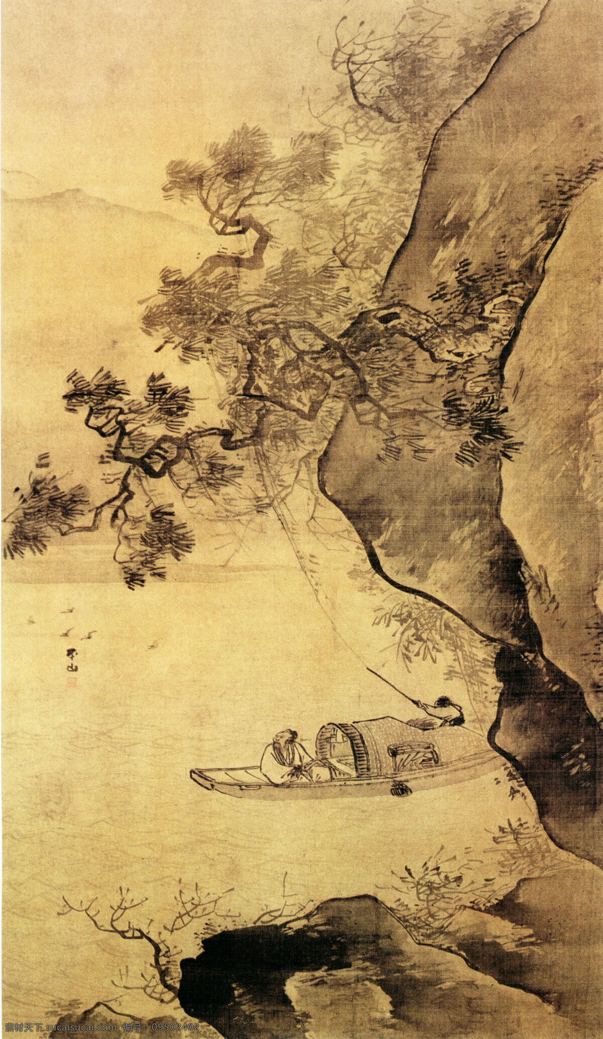小舟 国画 古画 古树 人物 家居装饰素材 山水风景画