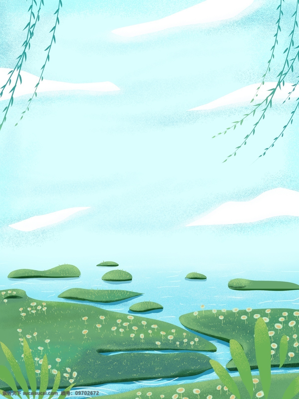 手绘 河边 春天 风景 插画 背景 插画背景 植物背景 唯美 草地背景 绿地背景 蓝天白云 山水风景
