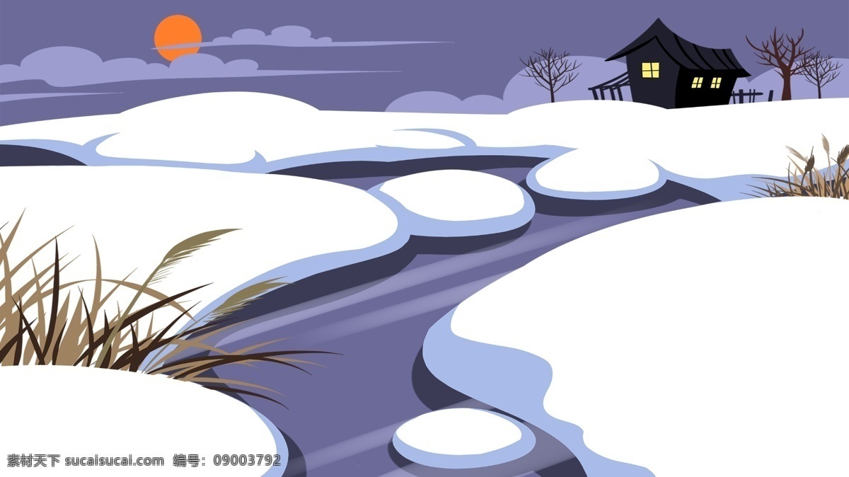 手绘 唯美 白雪皑皑 雪景 海报 背景 积雪 房屋 建筑 房子 云层