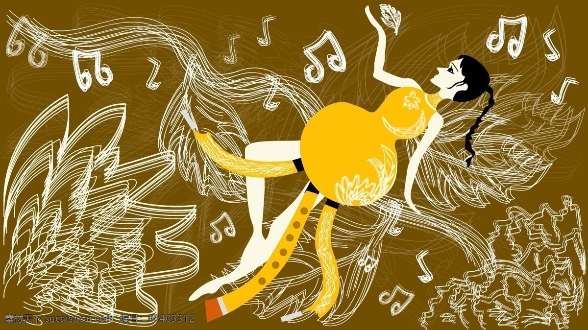 传统 葫芦丝 女孩 插画 传统文化 音乐 黄色 树叶 古代 棕色 花 手机壁纸 电脑壁纸 微信配图 公众号配图 微博配图 朋友圈配图