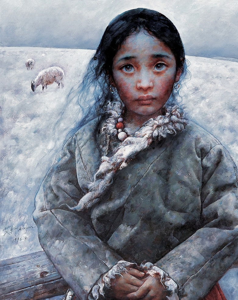 藏族小女孩 画 画作 油画 装饰画 写生 人物写生 小女孩 羊 文化艺术 绘画书法