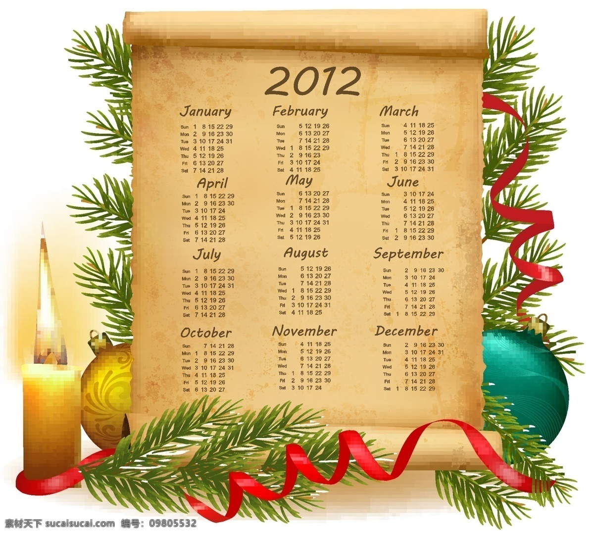 2012 年 羊皮纸 日历 矢量 矢量图 其他矢量图