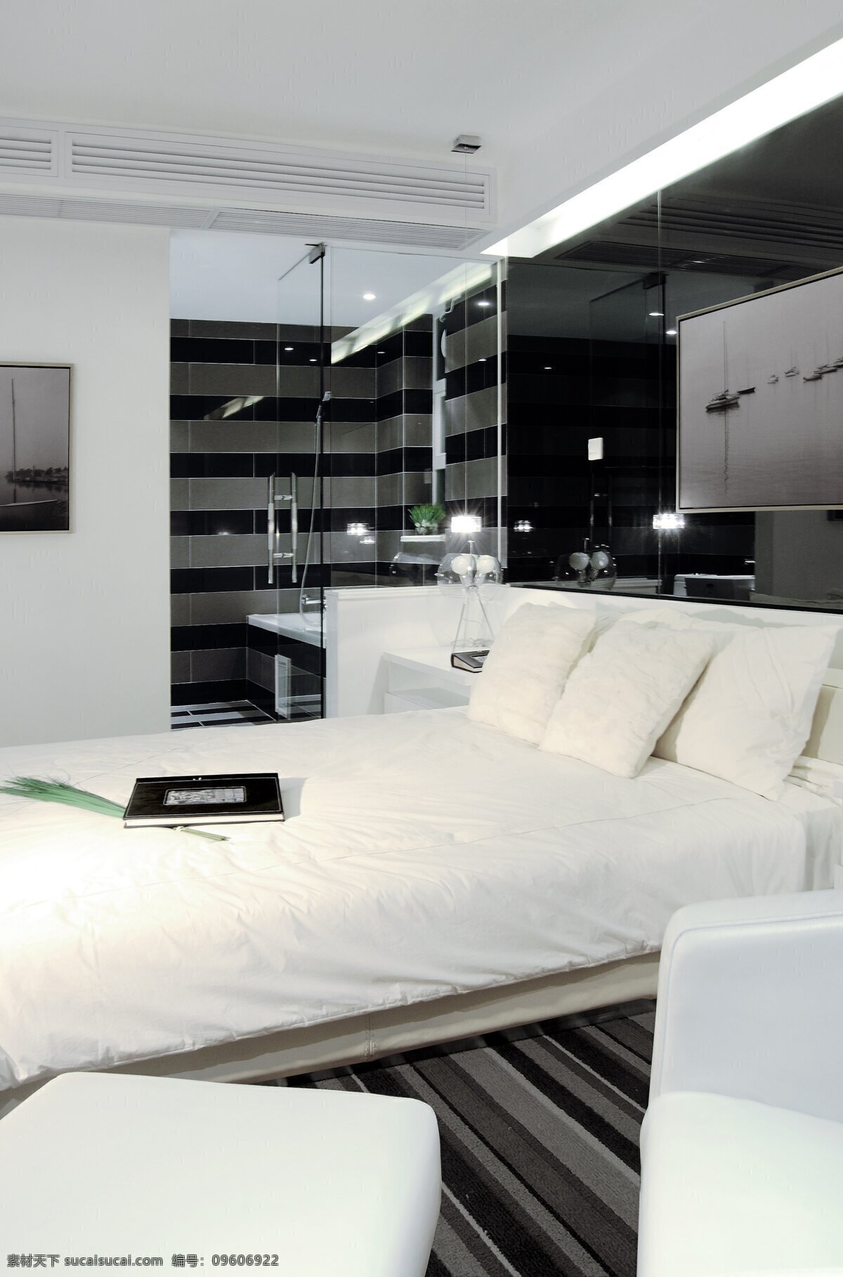 简约 风 室内设计 卧室 卫生间 效果图 现代 床 条纹 地砖 白色 调 家装