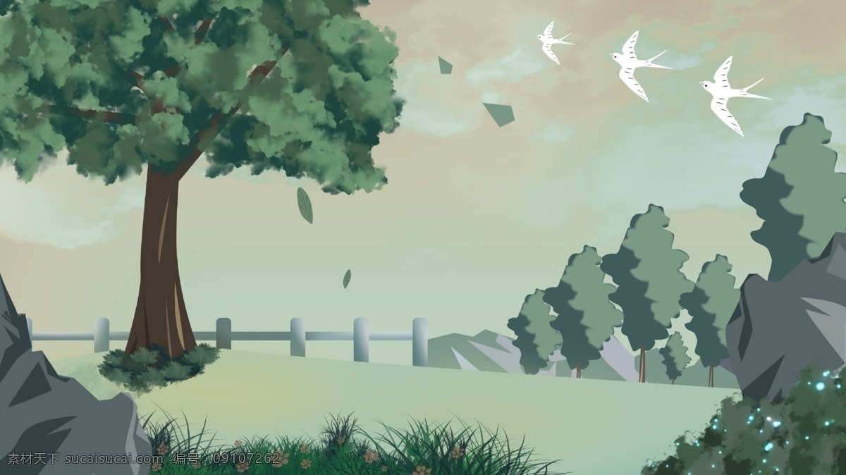 手绘 绿色 大树 天空 背景 植物 背景素材 卡通背景 翠绿色 大眼 插画背景 广告背景 psd背景 手绘背景