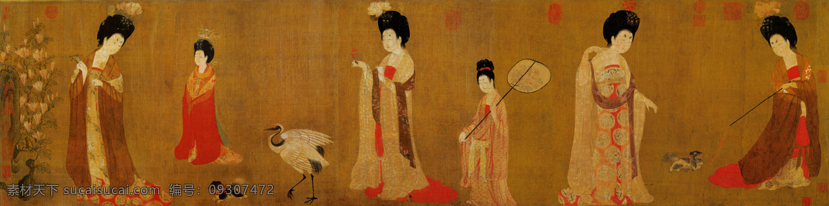 簪花仕女图 唐代 周昉 工笔重彩绘 仕女 绘画书法 文化艺术 辽宁省博物馆 小狗 白鹤 辛夷 名画收藏 传统文化