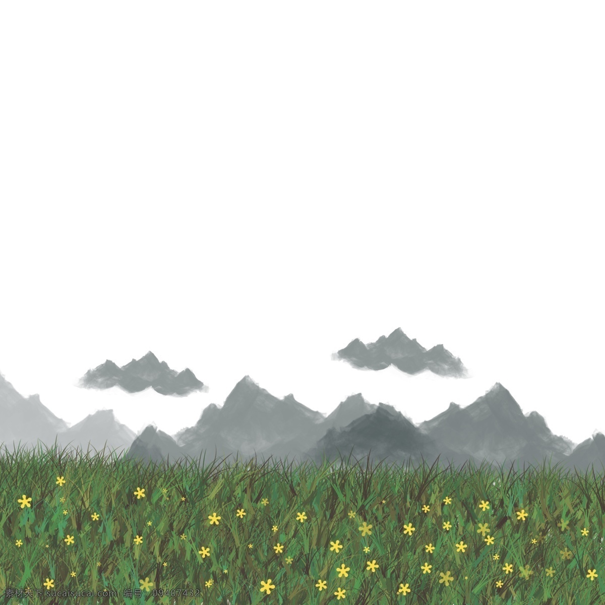 手绘 春天 唯美 风景 春季 春季风景 小黄花 白云 远山 山 草 植物 绿草 手绘风景 唯美风景 云朵