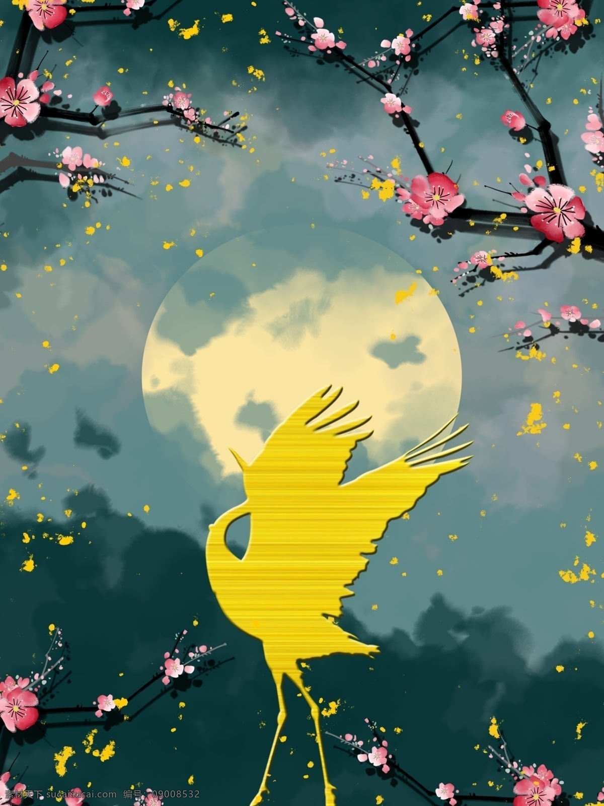 梅花 金 铜 鸟 卧室 装饰画 中式 夜空 水墨梅花 水墨 满月 金铜飞鸟
