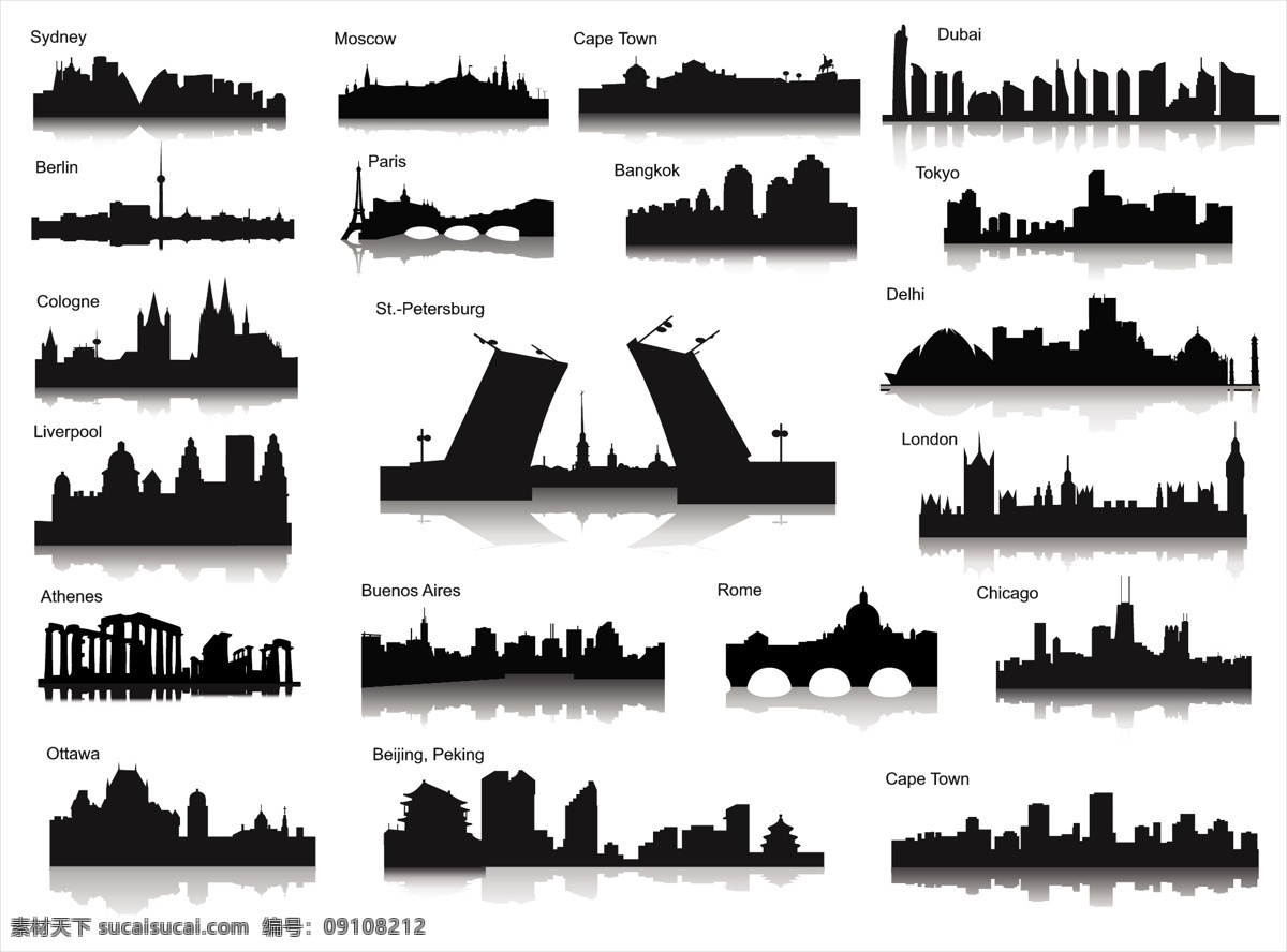 矢量 世界各地 城市 剪影 标志建筑 建筑 矢量图 建筑家居