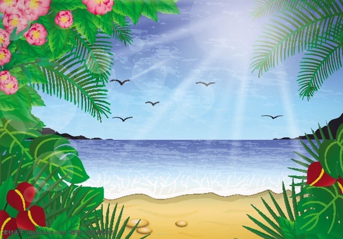 扁平 夏季 沙滩 插画 扁平插画 夏季插画 海洋 大海 矢量素材 热带植物 花卉 花朵 叶子