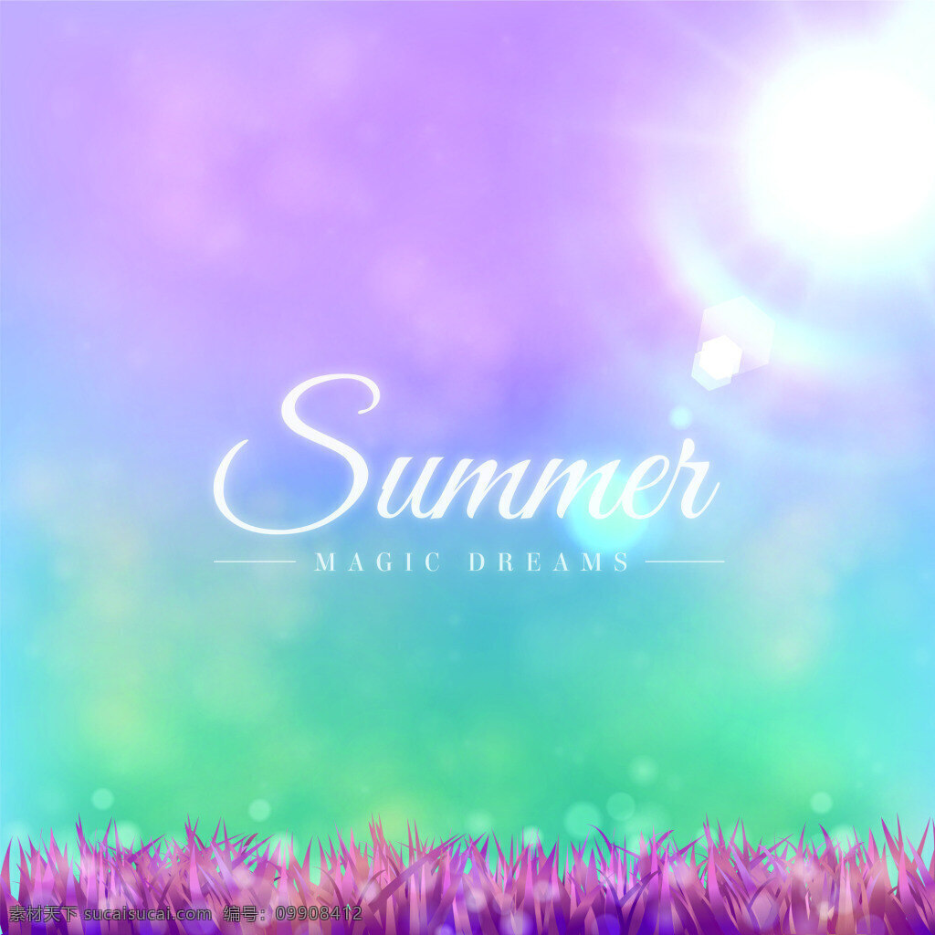 紫色 梦幻 天空 夏天 自然 矢量 背景 小草 阳光 沙滩 广告