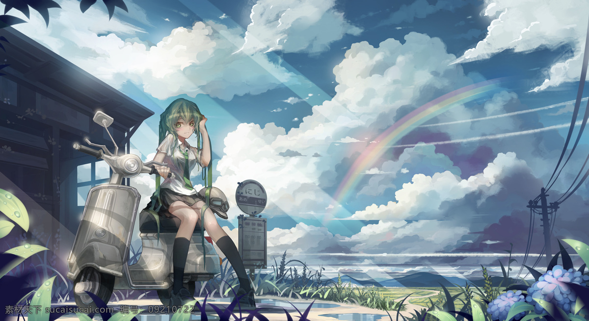 初 音 未来 miku 白云 彩虹 初音未来 动漫 蓝色 蓝天 美少女 天空 歌姬 v家 雨后 卡通 可爱