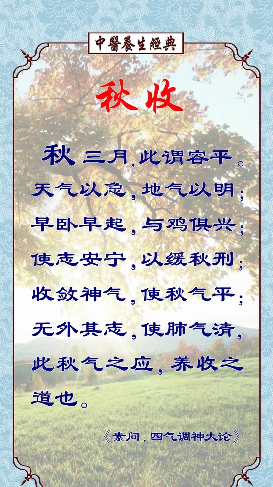 中医文化 秋 中医养生经典 秋收 收敛神气 使秋气平 花纹 植物 底纹 分层 源文件