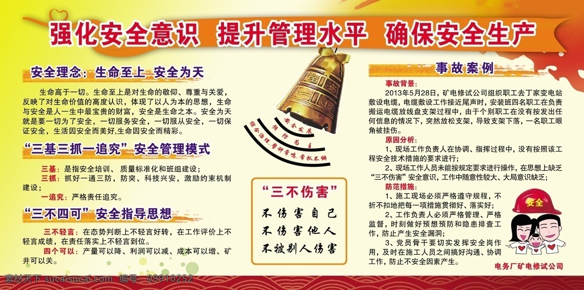 强化安全意识 安全展板 安全理念 安全管理 安全指导思想 事故案例 安全 三不伤害 展板 警钟 分层 展板模板