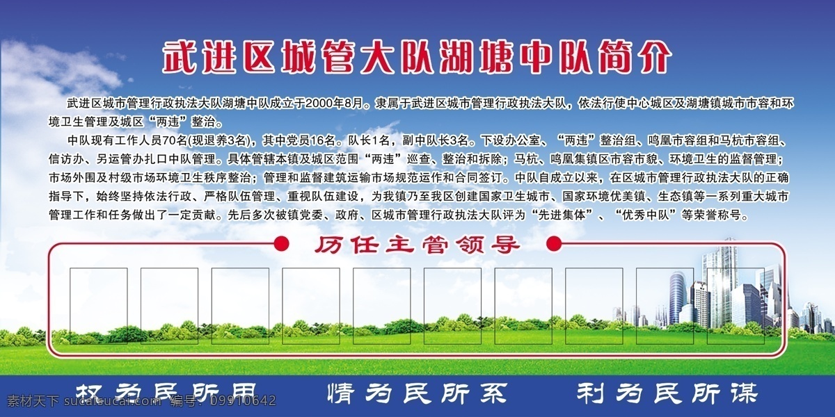 城管大队展板 展板模板 蓝天白云 绿地 房子 展板 国内广告设计 广告设计模板 源文件
