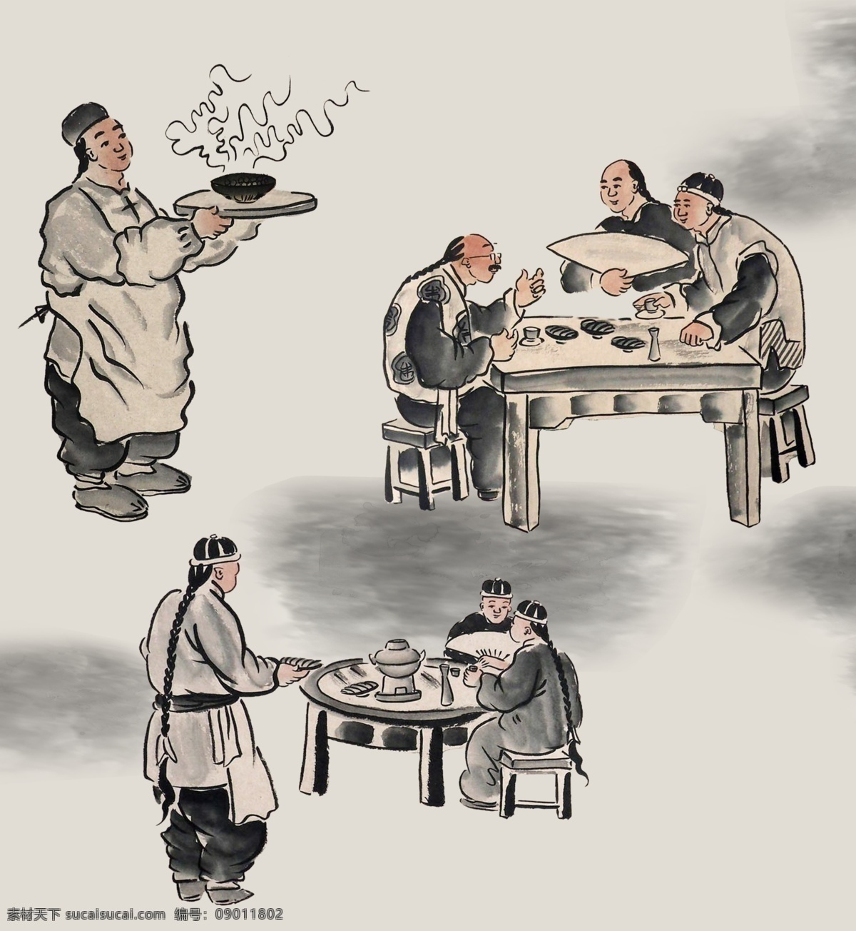 饭店 人物 插画 手工水饺 中式 餐厅 复古 做饭 劳作 梅花 人物图 小面 手绘 展板模板