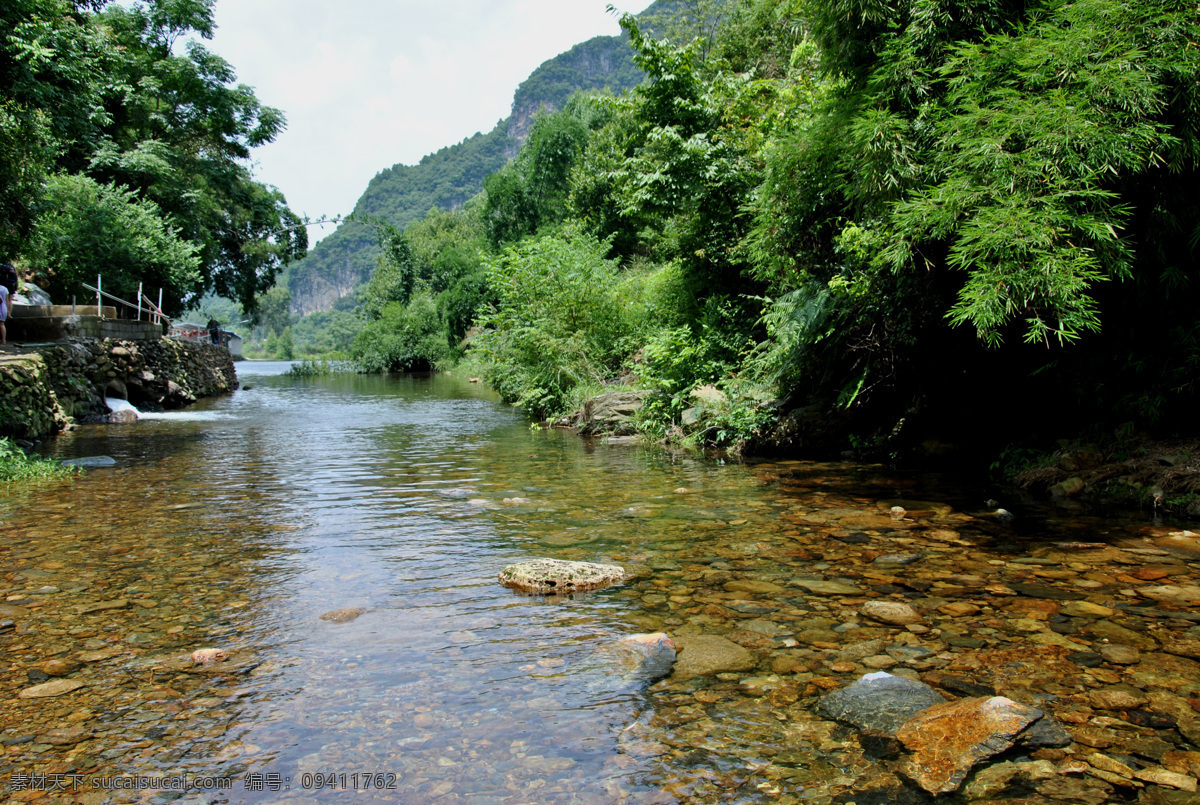 山中美景 山间 小溪 流水 丛林 石头 卵石 灌木 竹林 山水风景 自然景观