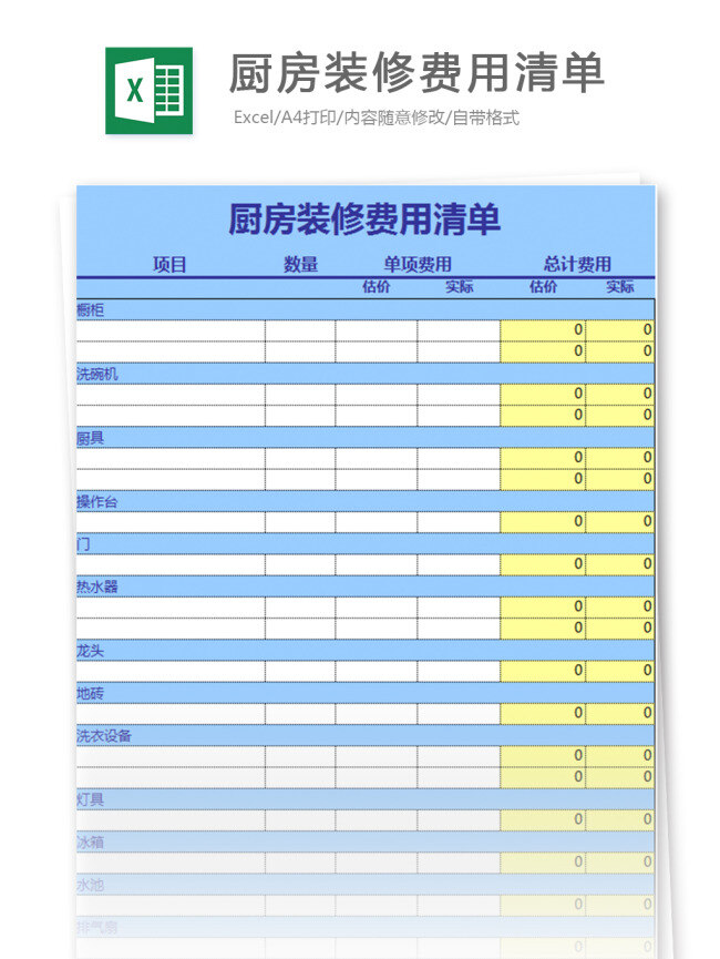 厨房 装修 费用 清单 excel 模板 表格模板 图表 表格设计 表格个人理财 财务 统计表 活动 婚礼 明细表 财务报表 座位表 结婚 预算表 办公常用 工作安排