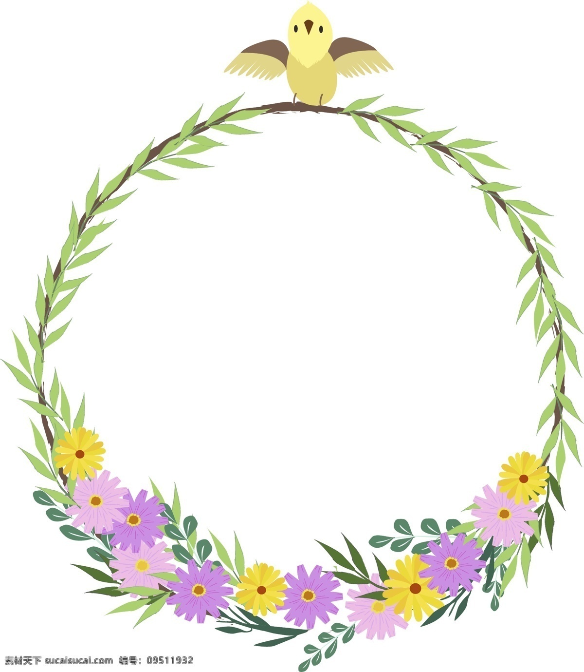 带 小鸟 圆形 花环 边框 矢量图 花朵小鸟边框 紫色 黄色 雏菊 小清新 春夏色调 相框 树枝 圆形边框 鲜花