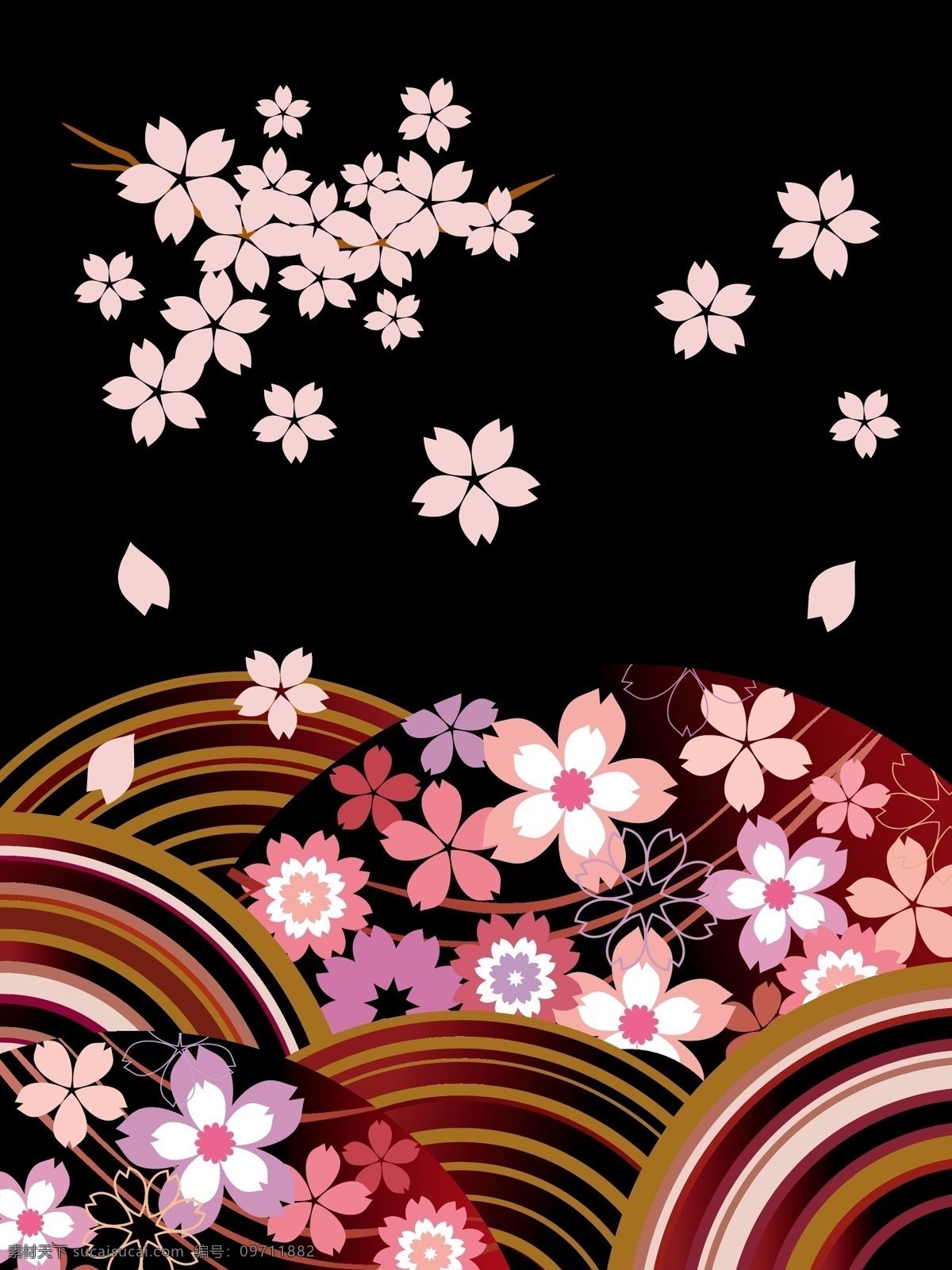 日式 花朵 背景 扇形背景素材 花纹花朵素材 黑色