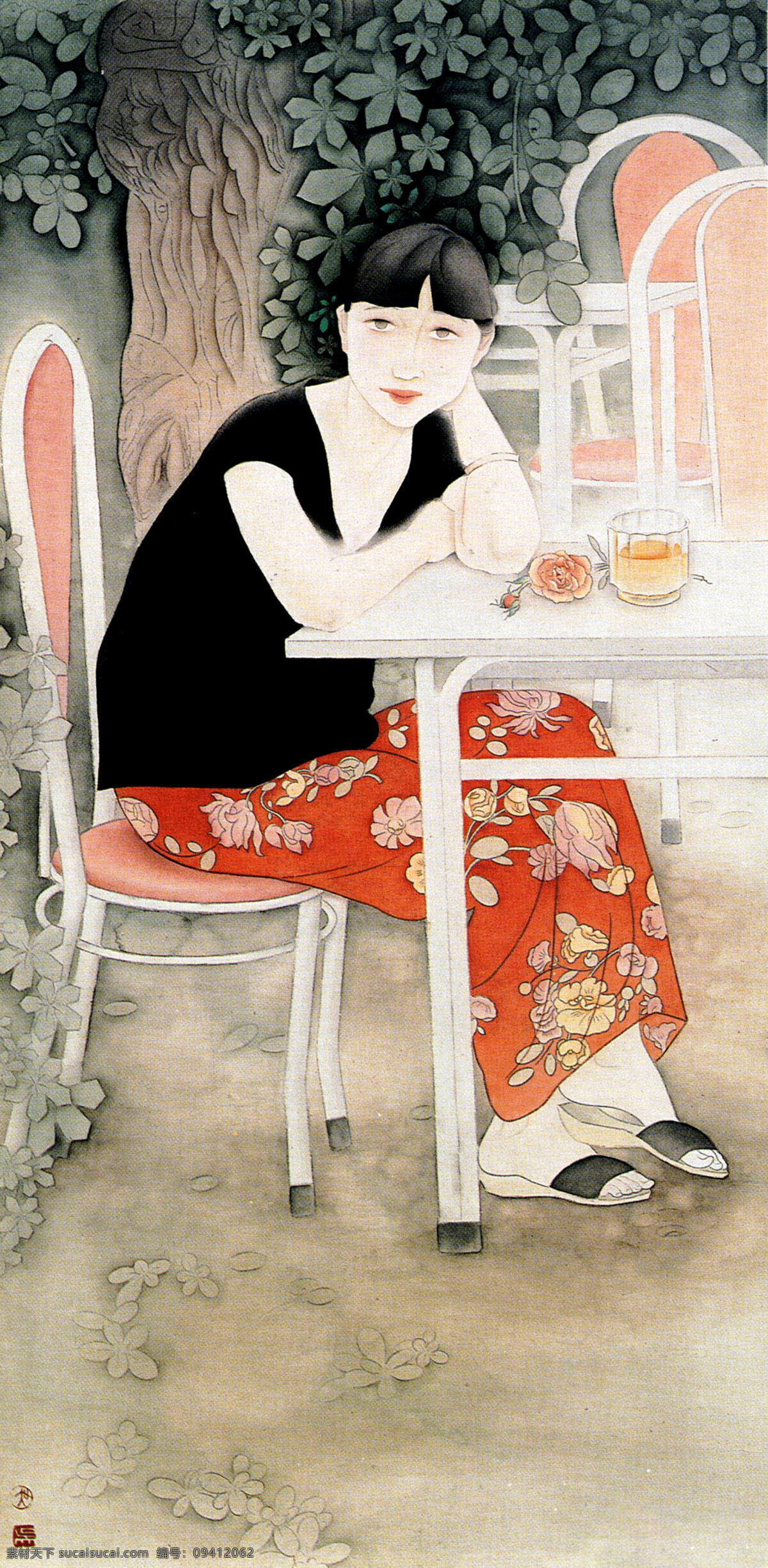 表情 发型 服饰 国画艺术 绘画 绘画书法 丽人 美丽 南苑夏日 中国画 工笔重彩画 人物画 现代国画 人 女人 女子 文静 姿态 品茶 树木 椅子 方台 书法 印章 国画集22 文化艺术 装饰素材 雕刻 图案