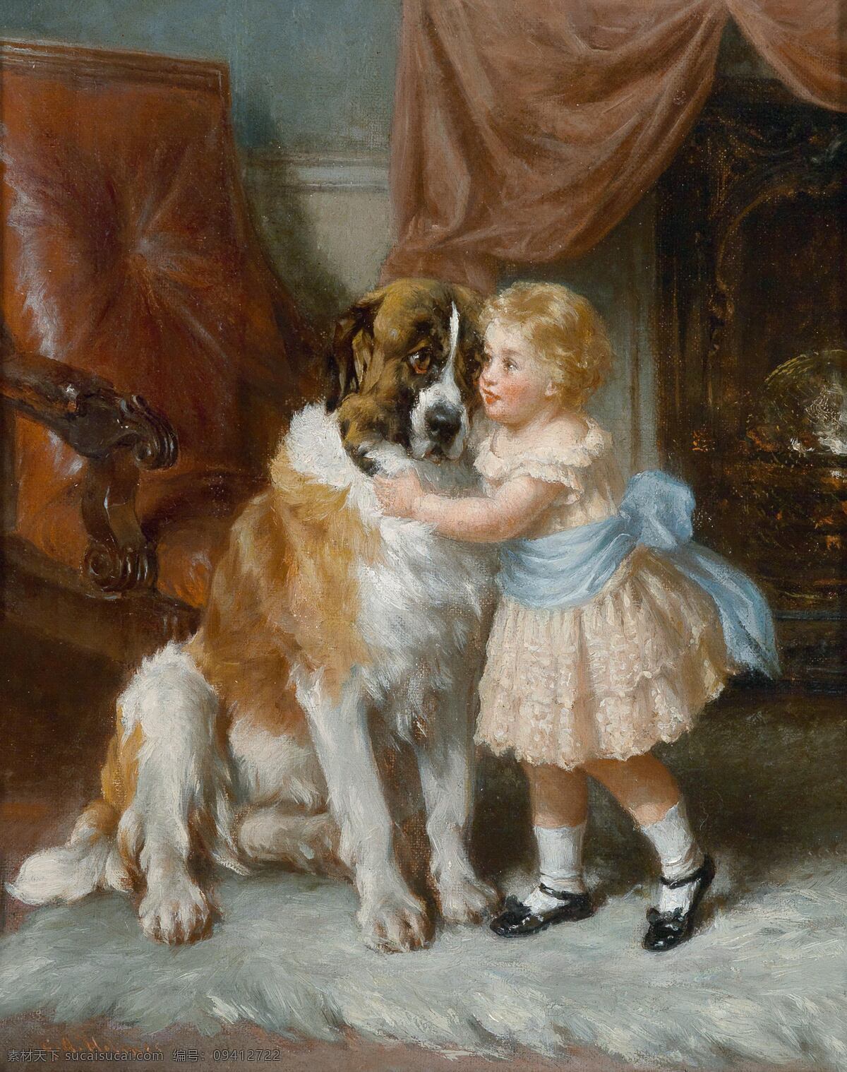 小姑娘 狗 绘画书法 文化艺术 椅子 油画 小姑娘与狗 亲密伙伴 大狗 贵族之家 19世纪油画 家居装饰素材