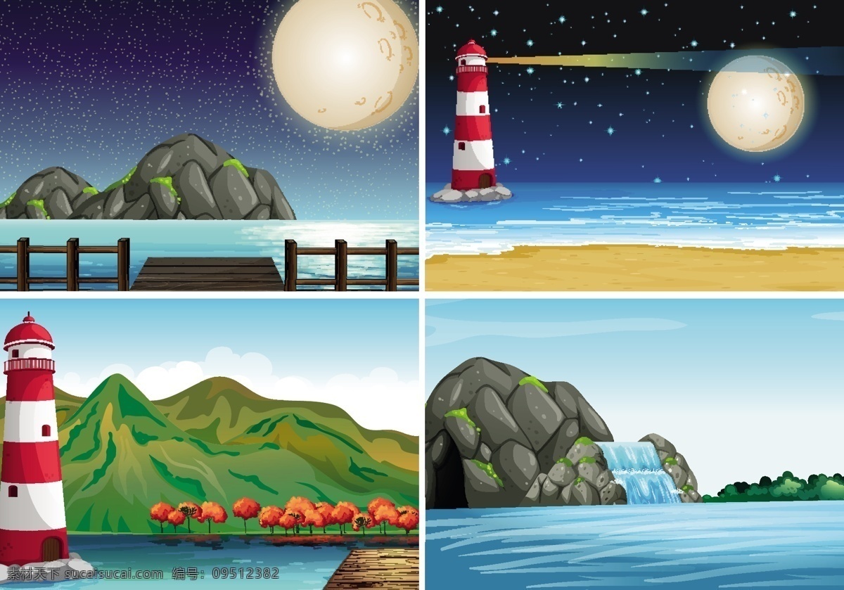四 场景 灯塔 海洋 插图 自然 海滩 艺术 月亮 假日 绘画 度假