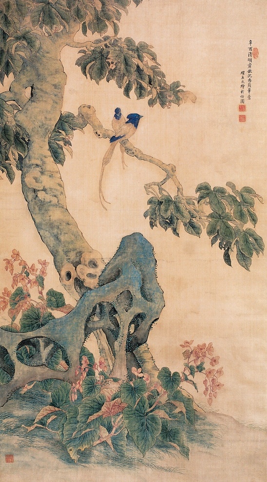 杂树双鸟 山石 草苔 小鸟 花木 古典 国画 刘奎龄 工笔 花鸟 名家工笔花鸟 绘画书法 文化艺术