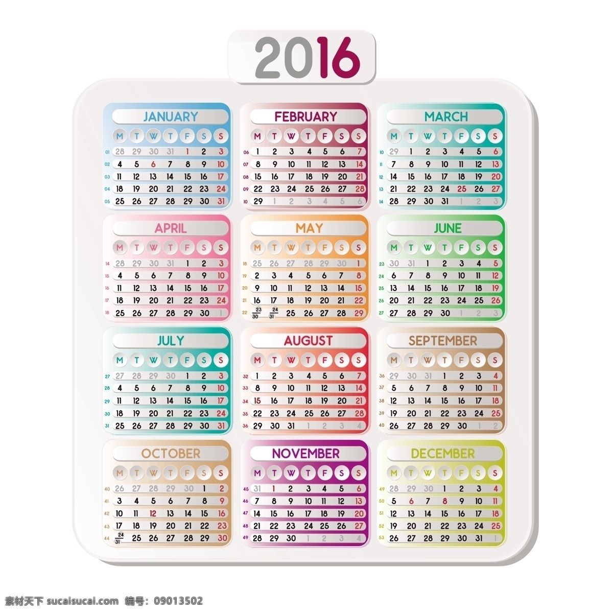2016 日历 彩色 方块 模板 时间 数字 正方形 年份 日期 月份 计划 一月 十二月 十一月 白色